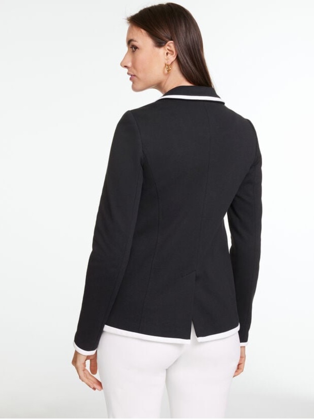 Talbots pique knit blazer 2 button piped black with white trim women’s size 8 - Picture 2 of 16